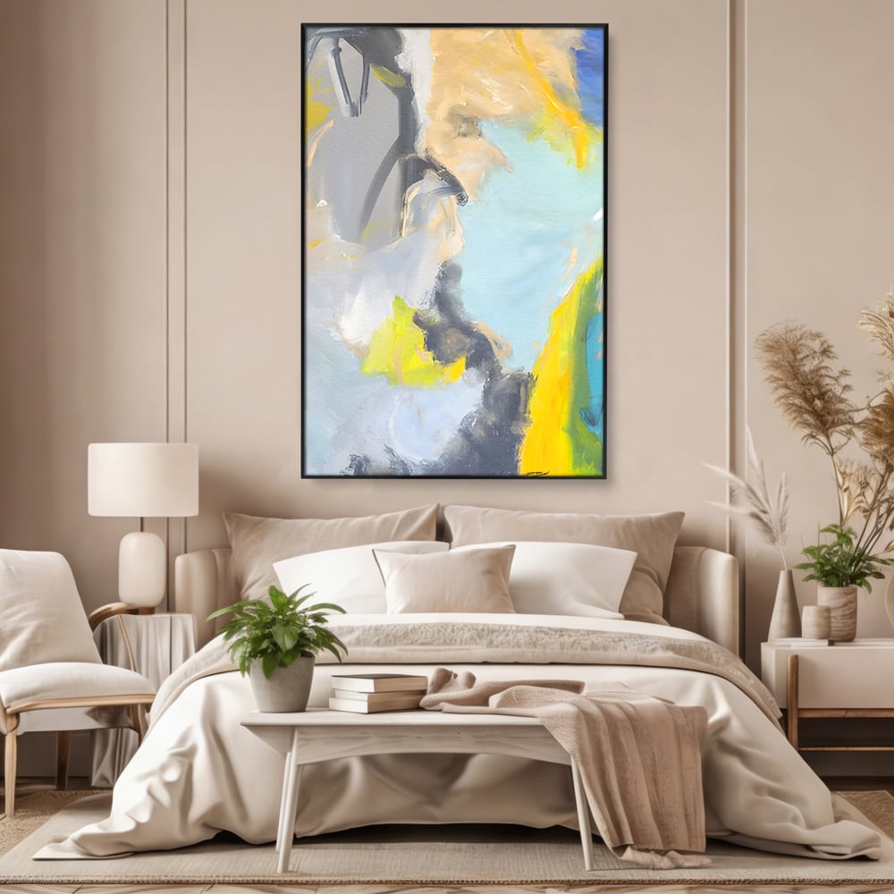 Tablou canvas cu pictura abstracta cu pete de culoare, in rama de aluminiu negru, pe perete intr-un dormitor
